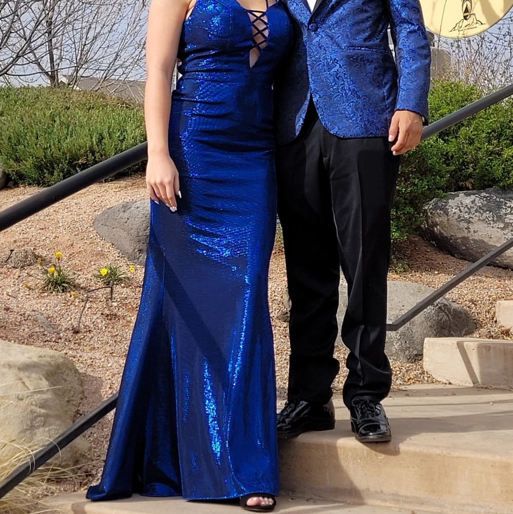 Sequined Royal Blue Prom Gown with Crisscross Plunge Bodice